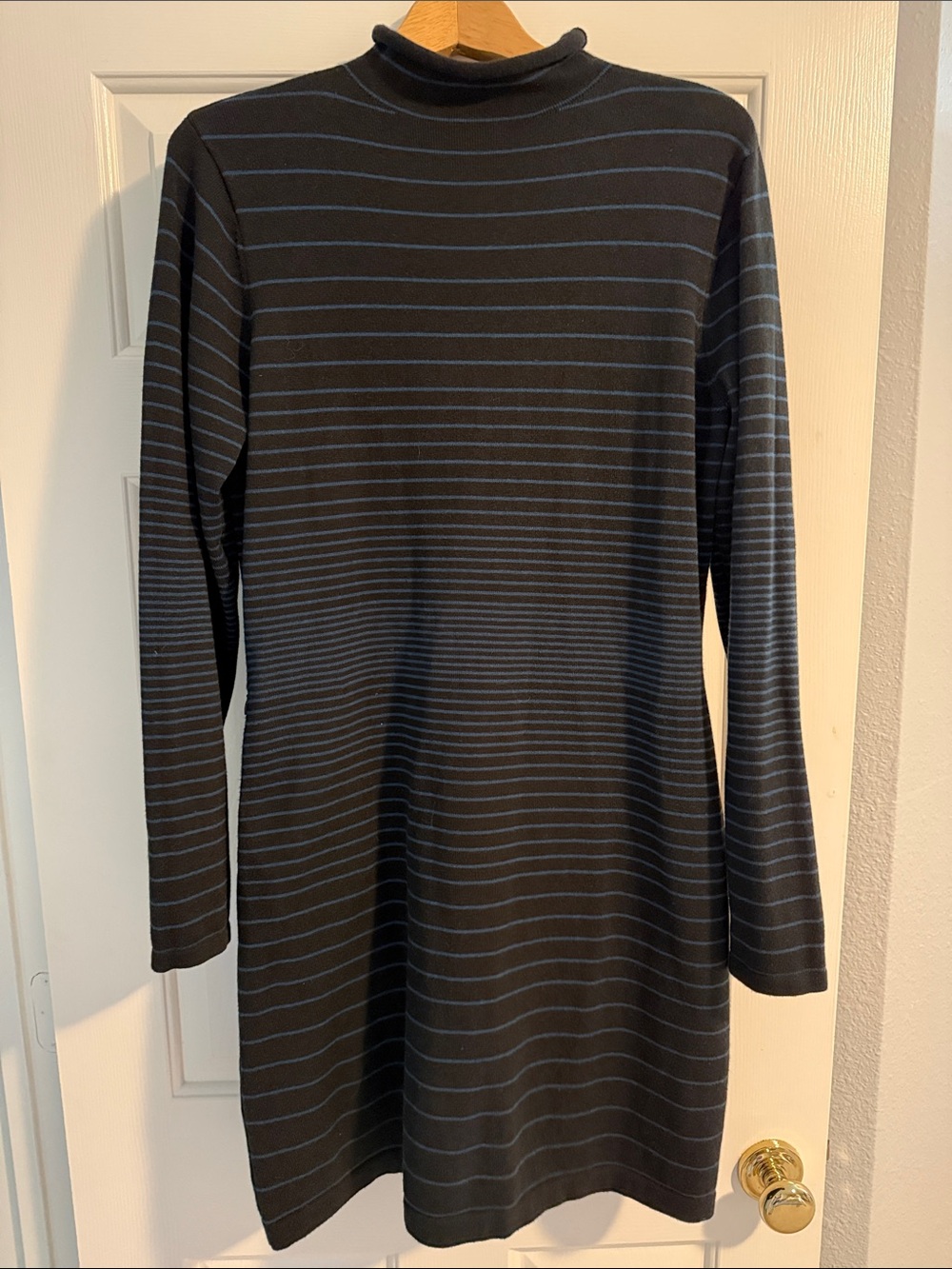 Title Nine Black Sweater Dress with Blue Stripes - Long Sleeve Rollneck